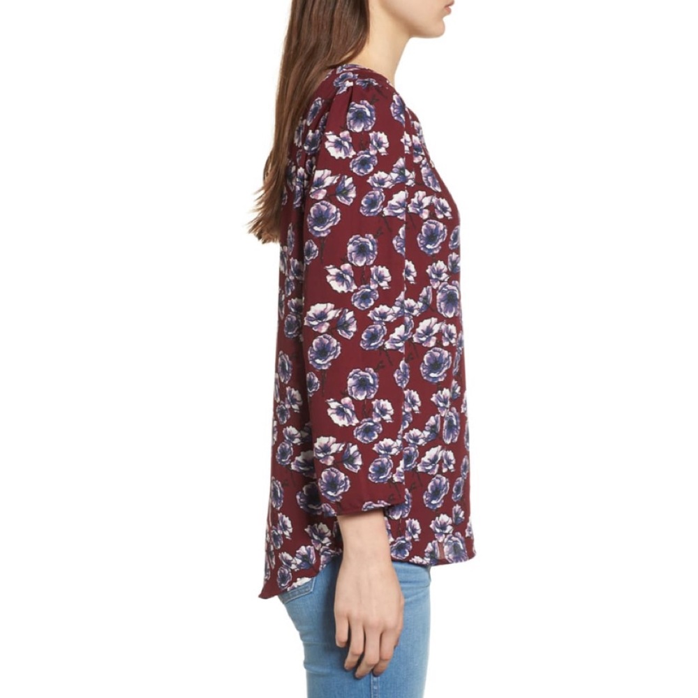 HINGE Maroon Floral Print V-Neck Blouse - Picture 4 of 14